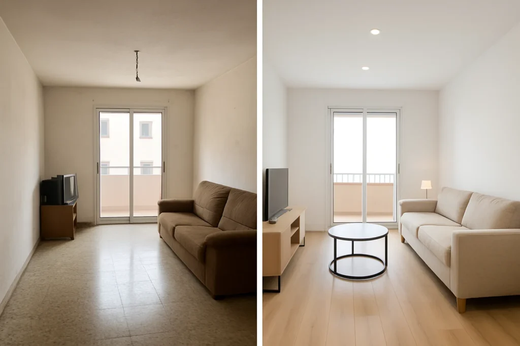 ¿Cuánto cuesta reformar un piso en Málaga? 3 Antes y después de reformar el salón de un piso en Málaga, mostrando el cambio de suelo y pintura.