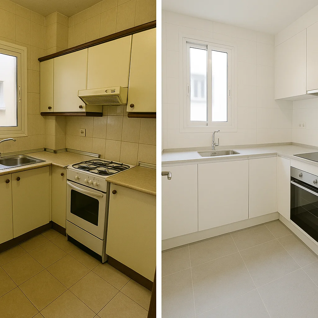 ¿Cuánto cuesta reformar un piso en Málaga? 2 Cocina antigua y renovada tras reforma en piso de Málaga, destacando muebles y encimera.