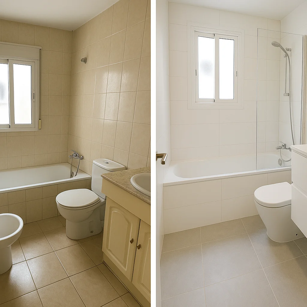 ¿Cuánto cuesta reformar un piso en Málaga? 1 Baño reformado en Málaga, antes con azulejos antiguos y después con un diseño minimalista.