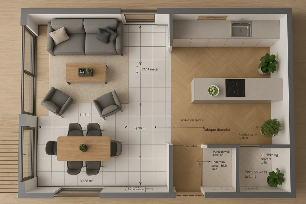 Plano digital con salón abierto plano reforma integral vivienda.