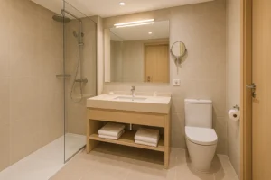 Reforma de baño moderno en hotel de Málaga, diseño minimalista