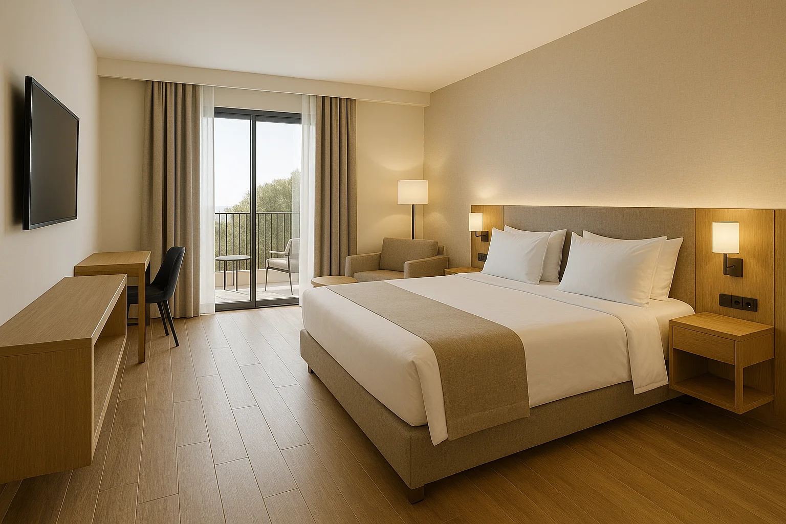 Dormitorio reformado en hotel de Málaga con terraza.