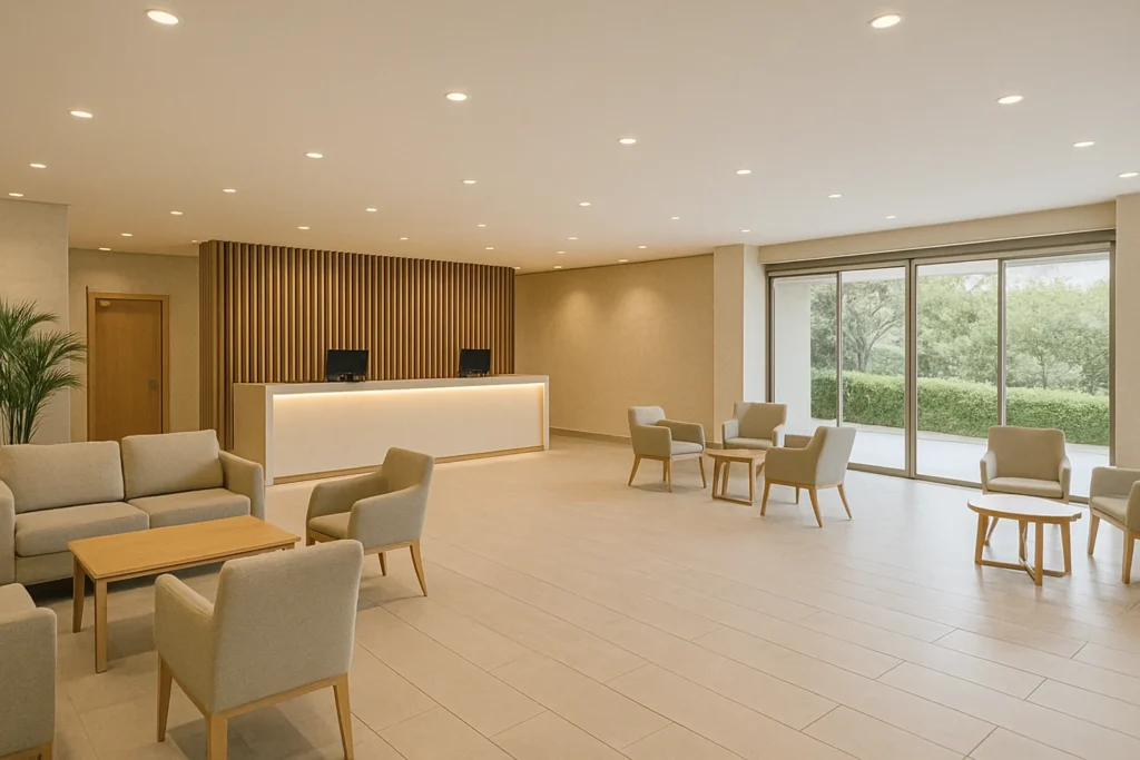 Reformas de hoteles en Málaga 1 Recepción moderna tras reforma de hotel en Málaga.