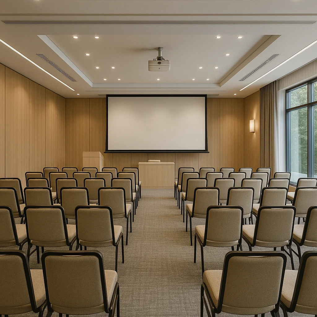 Reformas de hoteles en Málaga 8 Salón de actos reformado en hotel de Málaga con proyector.