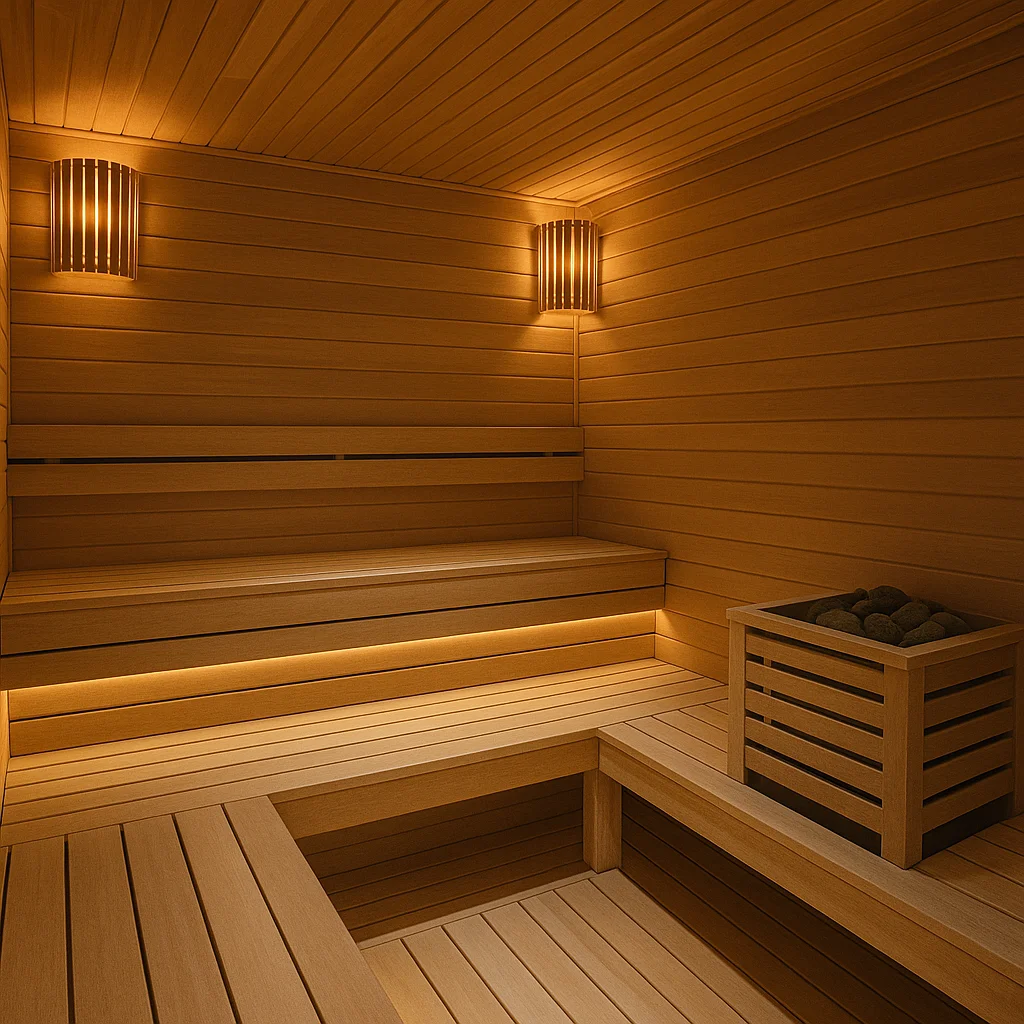Reformas de hoteles en Málaga 5 Sauna reformada en hotel de Málaga con madera natural.