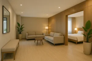 Reformas en Málaga con Irureform 53 Suite renovada en hotel de Málaga con salón y dormitorio.