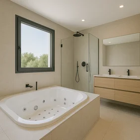 Reforma de baño en Málaga con bañera de hidromasaje y ducha moderna.