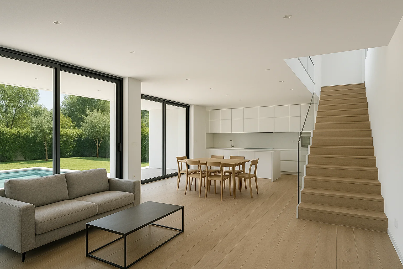 Reforma de salón comedor en chalet moderno de Málaga con acceso a jardín.