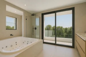 Reformas en Málaga con Irureform 47 Reforma de baño en chalet con bañera de hidromasaje y acceso a terraza.