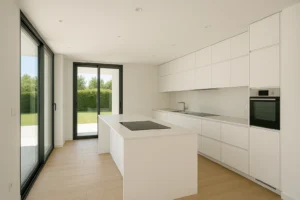 Reformas en Málaga con Irureform 49 Cocina reformada en chalet de Málaga con isla central y acabados blancos.
