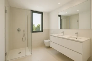 Reformas en Málaga con Irureform 46 Baño reformado en chalet de Málaga con ducha y doble lavabo.