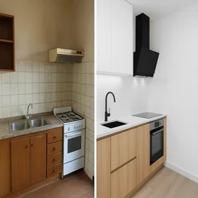 Renovación de cocina en Málaga con muebles en madera y blanco.