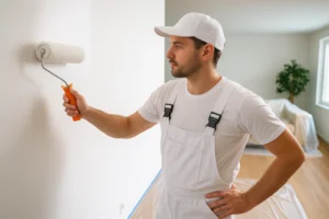 Pintor profesional aplicando pintura blanca con rodillo en pared interior.