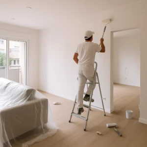 Pintor aplicando pintura blanca en pared de salón con rodillo y escalera.