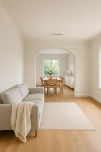 Salón comedor moderno con paredes recién pintadas en tonos claros.