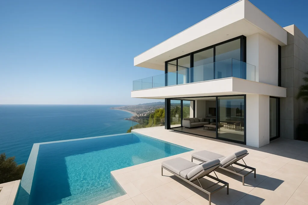 Chalet exclusivo de construcción de obra nueva en Málaga con piscina y vistas panorámicas al mar.