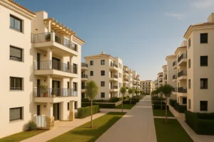 Complejo residencial de obra nueva en Málaga con edificios modernos, zonas ajardinadas y amplias terrazas.