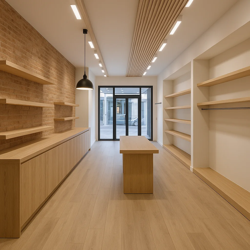 reforma de local comercial en Málaga con estanterías de madera y pared de ladrillo visto.