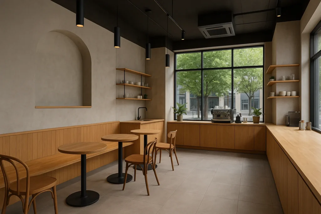 reforma de cafetería moderna en Málaga con interior minimalista y madera clara..