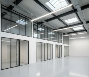 Reforma de nave industrial en Málaga con oficinas acristaladas y espacios diáfanos modernos