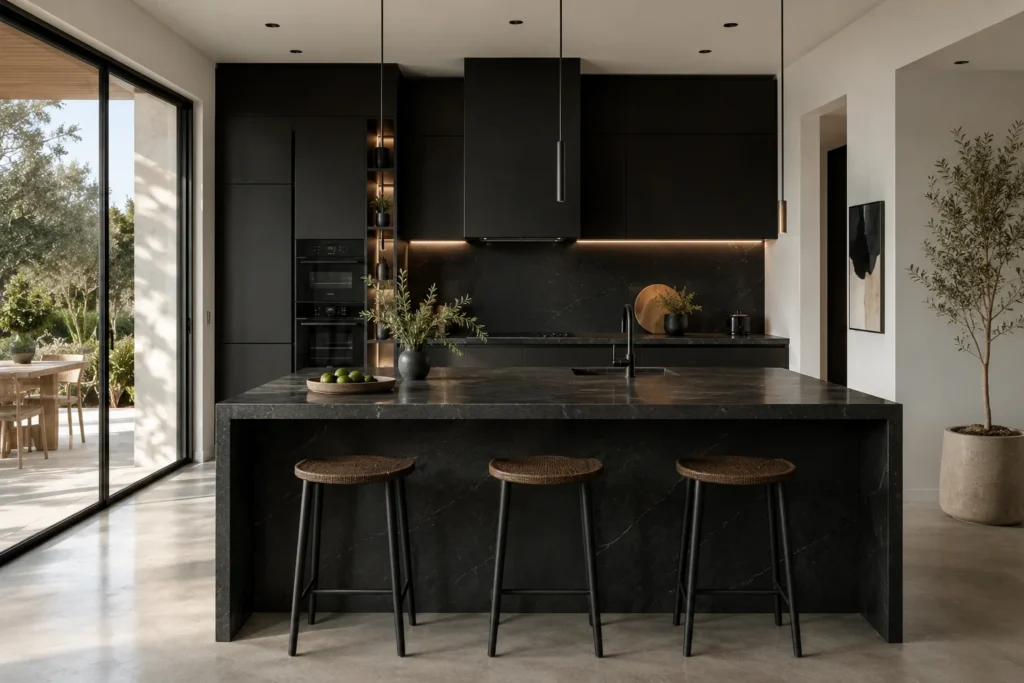 Reforma de cocina moderna en Rincón de la Victoria con isla central y mobiliario negro