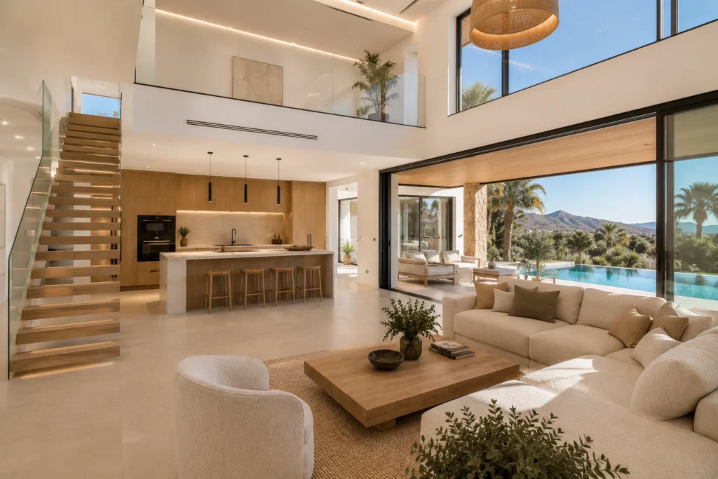 Reformas de chalets en Málaga con cocina de lujo, escalera flotante, piscina y acabados de alta calidad.