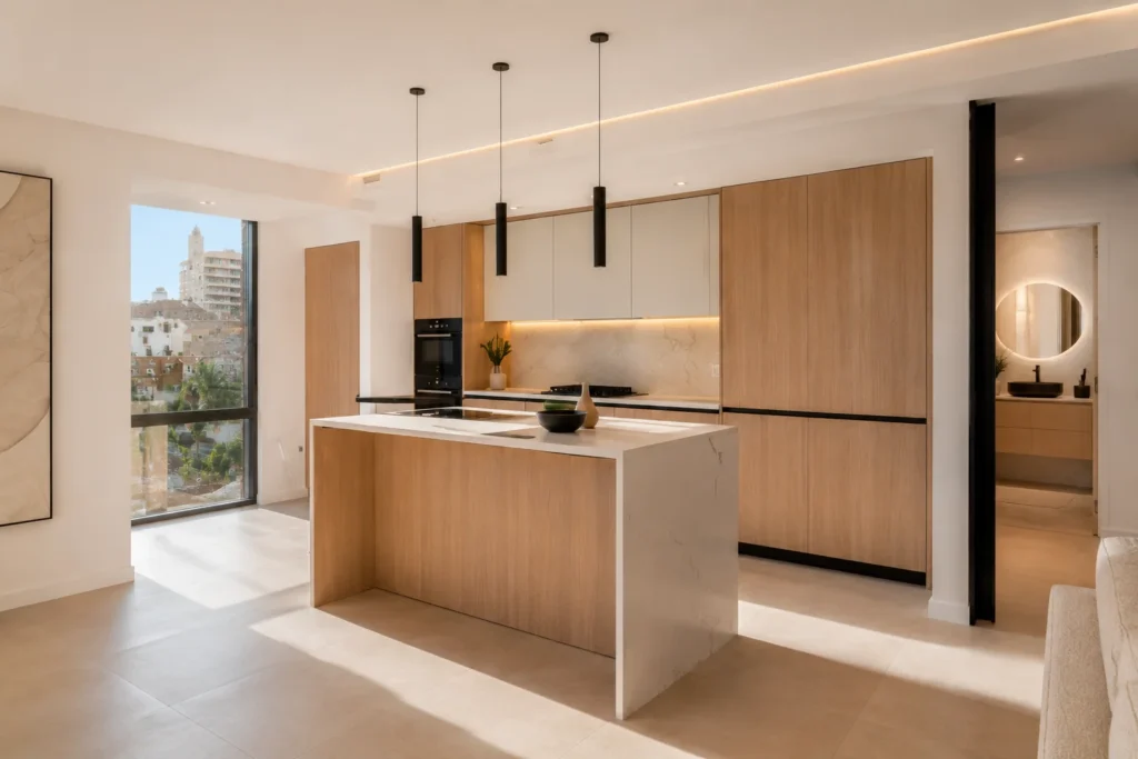 Reformas de pisos en Málaga con cocina de diseño, isla central, acabados premium y salón de estilo escandinavo mediterráneo.