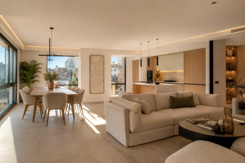 Reformas de pisos en Málaga con cocina de diseño, isla central, acabados premium y salón de estilo escandinavo mediterráneo.