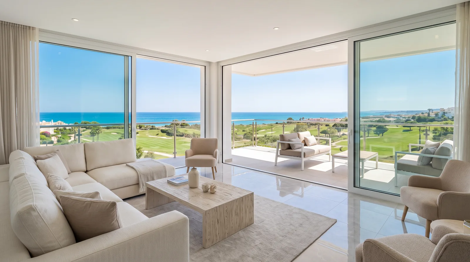 Salón de un apartamento reformado con vistas al campo de golf y al mar (imagen ilustrativa)