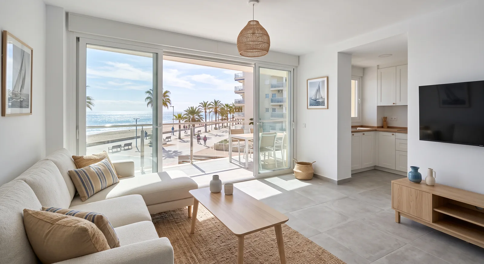 Salón de un apartamento reformado frente al paseo marítimo, con terraza y vistas al mar (imagen ilustrativa)
