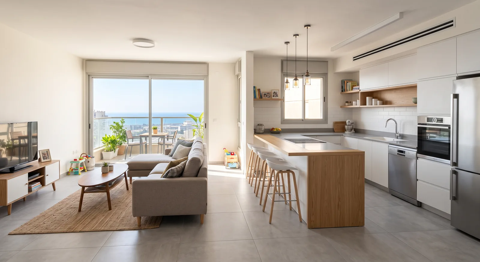 Apartamento familiar de costa con cocina abierta, península y terraza con vistas al mar (imagen ilustrativa)
