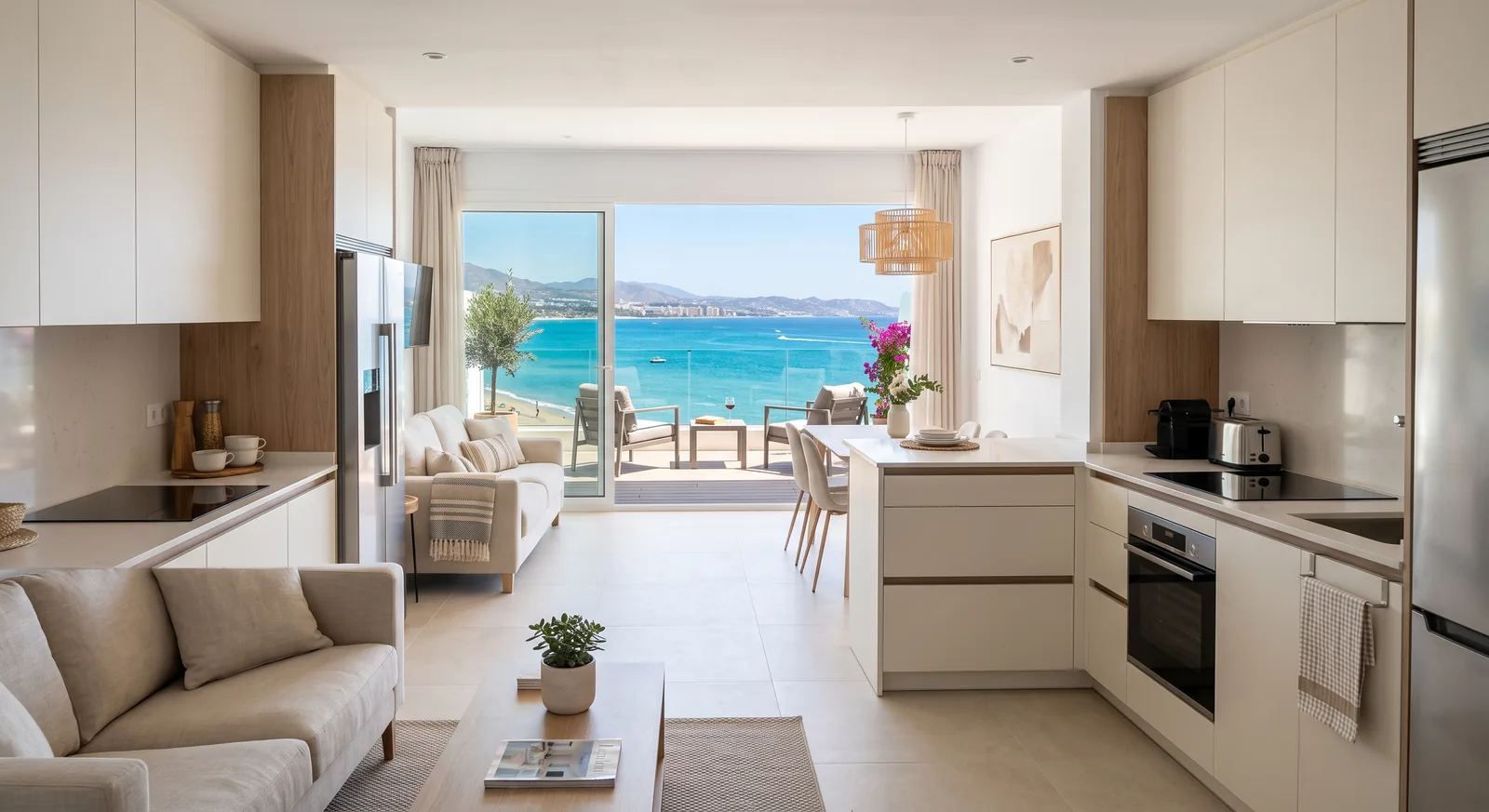 Apartamento vacacional reformado con cocina abierta al salón y terraza con vistas al mar (imagen ilustrativa)