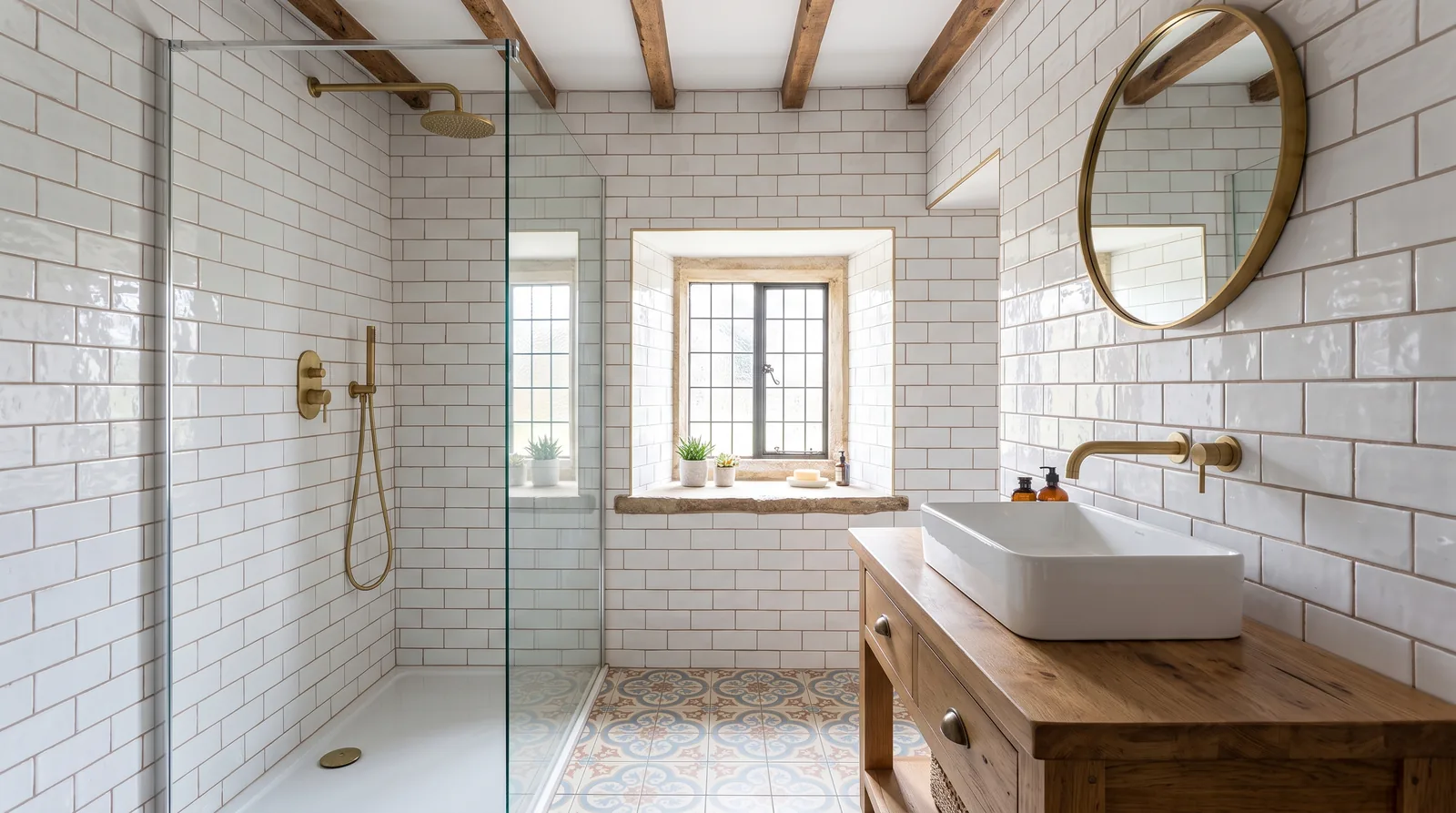 Baño de estilo tradicional reformado con azulejo blanco, suelo hidráulico, vigas y ducha de obra (imagen ilustrativa)