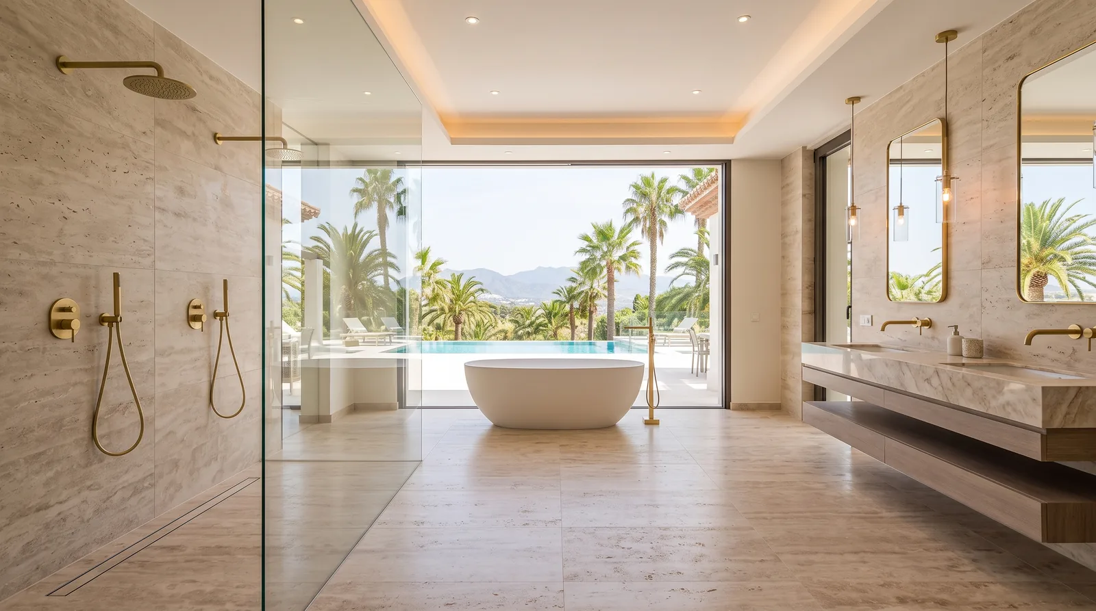 Baño de diseño en una villa con ducha abierta, bañera exenta y grifería dorada (imagen ilustrativa)