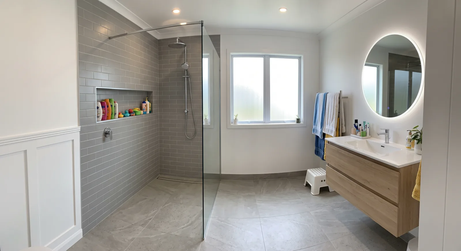 Baño familiar reformado con ducha a ras de suelo, hornacina y mueble de madera (imagen ilustrativa)