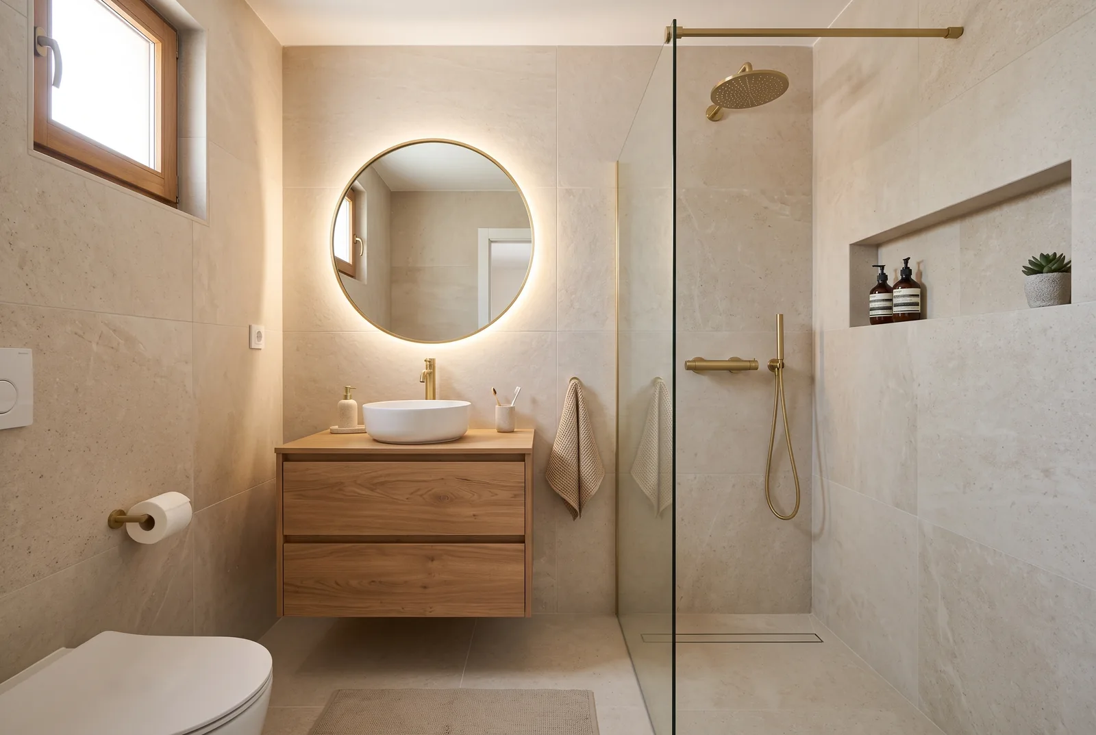 Baño pequeño reformado con ducha de obra, hornacina, mueble suspendido y espejo con luz (imagen ilustrativa)