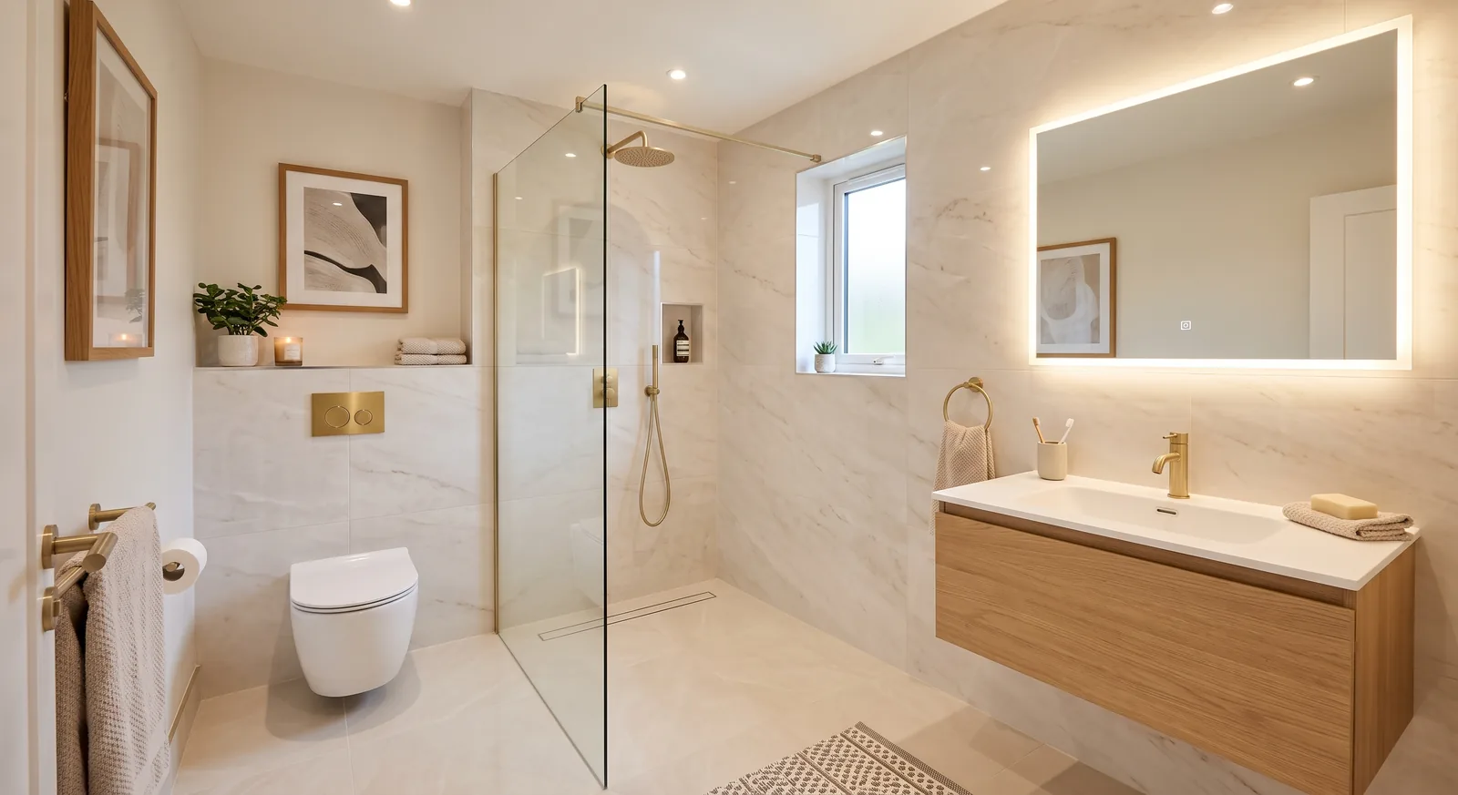 Baño reformado con porcelánico claro, mueble de madera suspendido y grifería dorada (imagen ilustrativa)