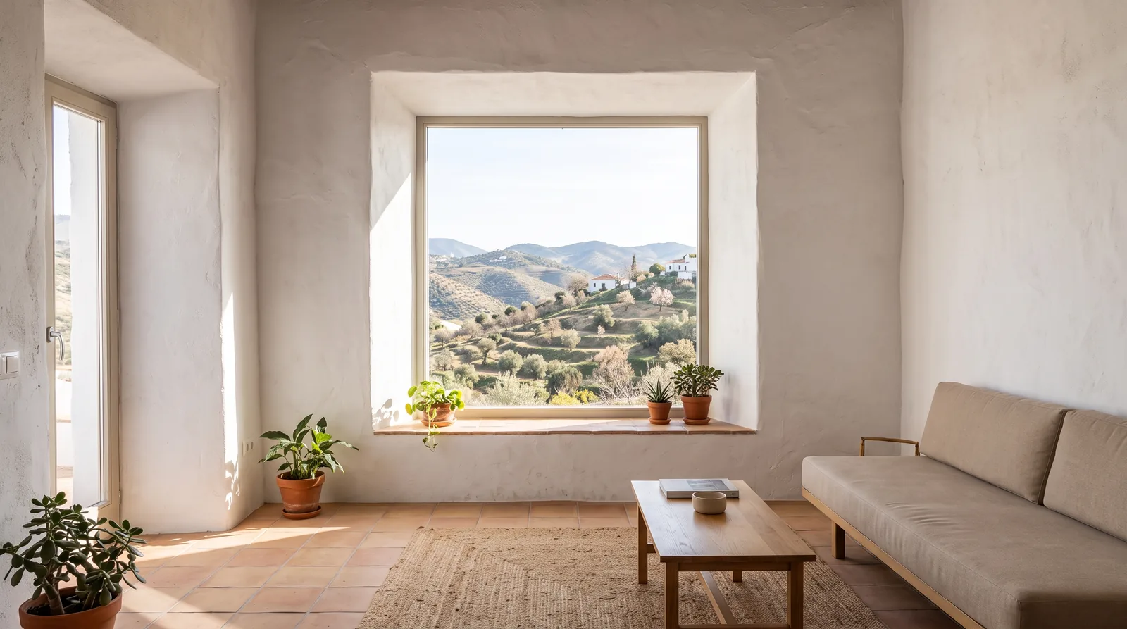 Salón de una casa de pueblo de la Axarquía reformada, con muros encalados y ventana a los montes (imagen ilustrativa)