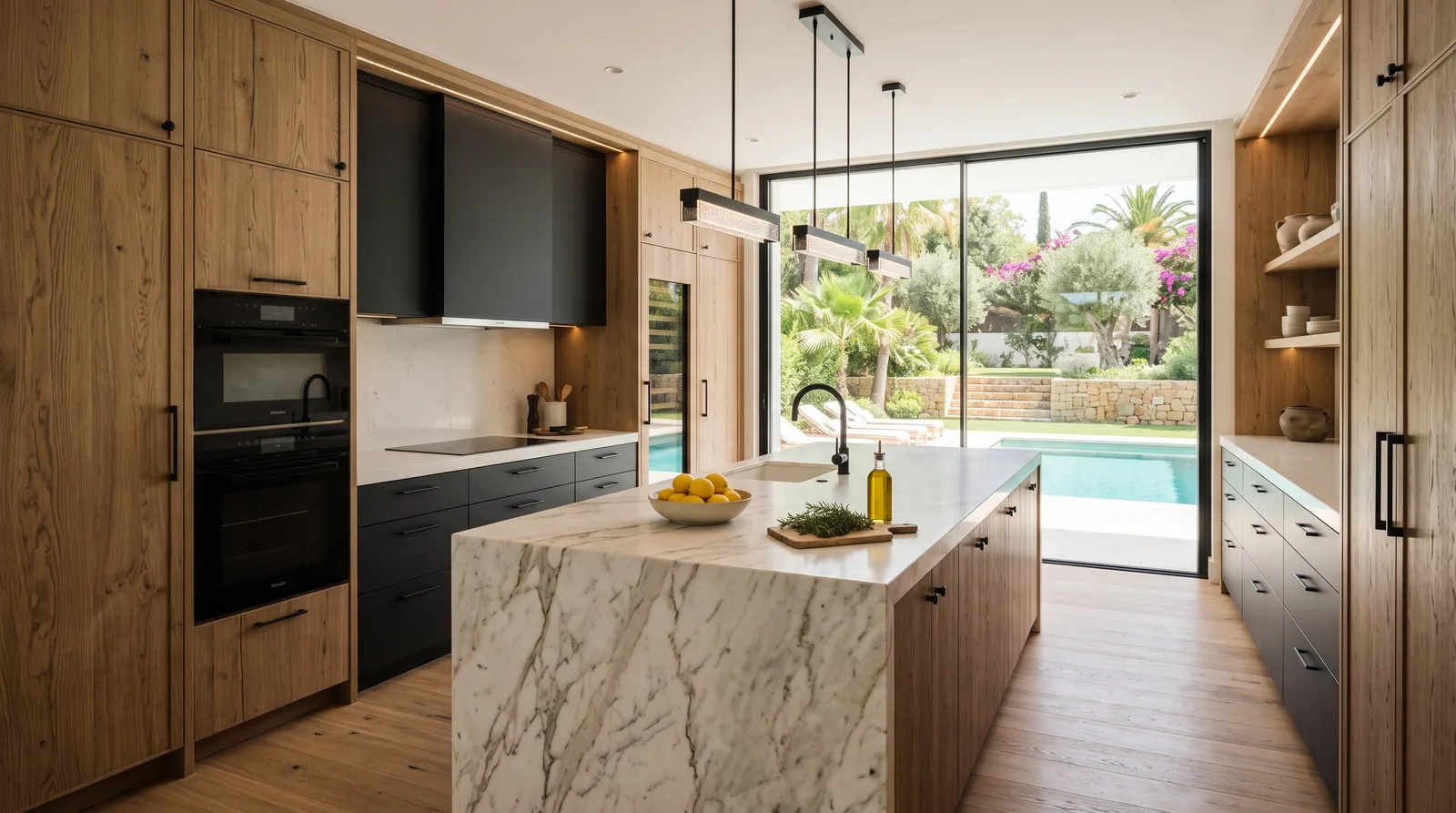 Cocina a medida en villa de Marbella con isla de mármol y salida al jardín (imagen ilustrativa)