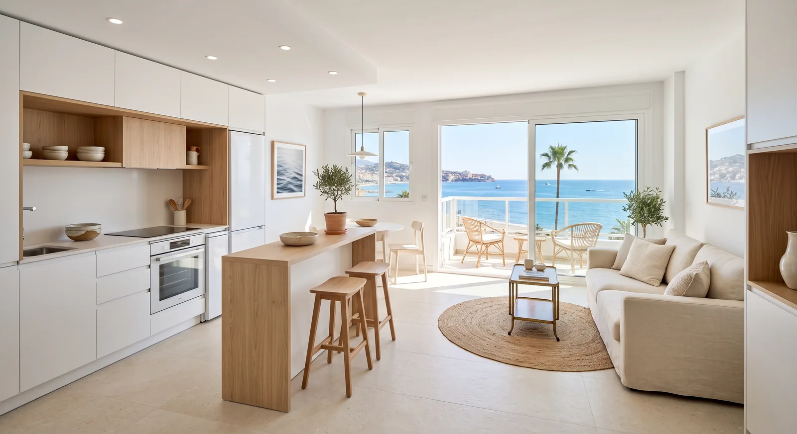 Cocina abierta con barra de madera en un apartamento reformado con vistas al mar (imagen ilustrativa)