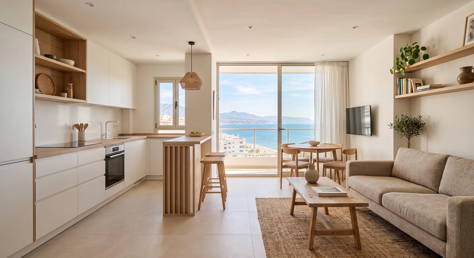 Piso familiar reformado con cocina abierta, península de madera y salón con vistas al mar (imagen ilustrativa)