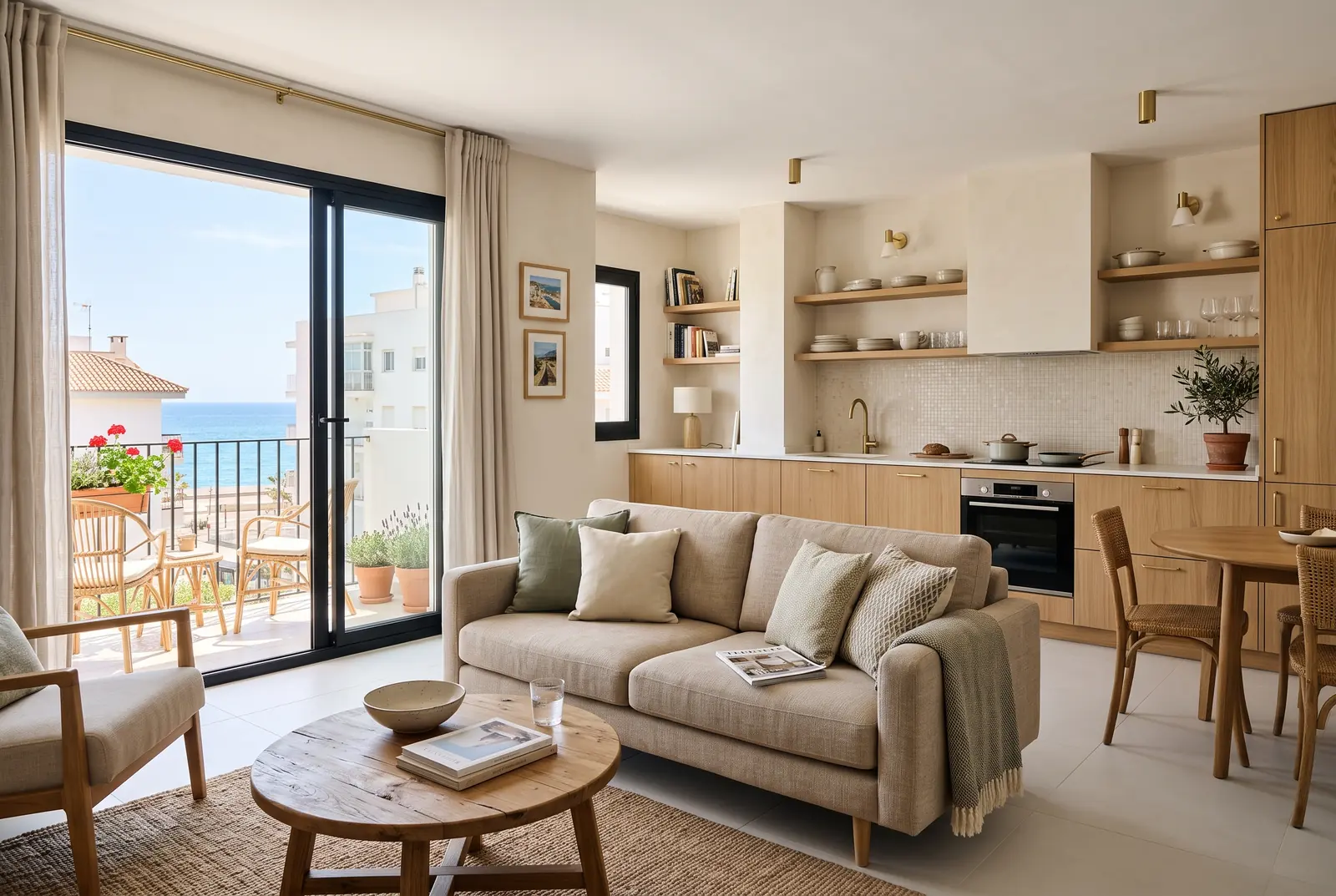 Salón con cocina integrada y balcón con vistas al mar tras una reforma (imagen ilustrativa)