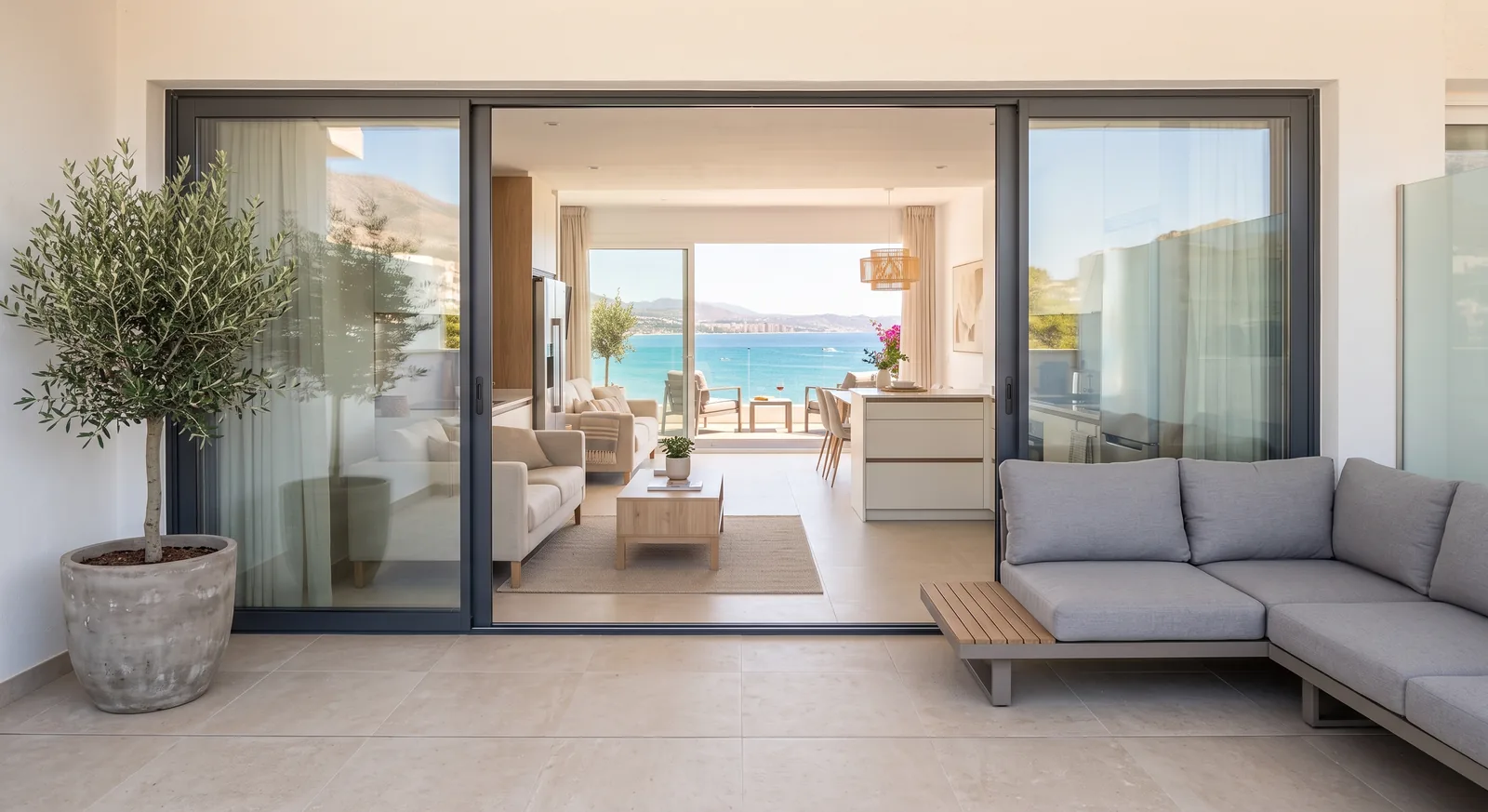 Terraza de un apartamento reformado con carpintería de aluminio nueva y vistas al mar (imagen ilustrativa)