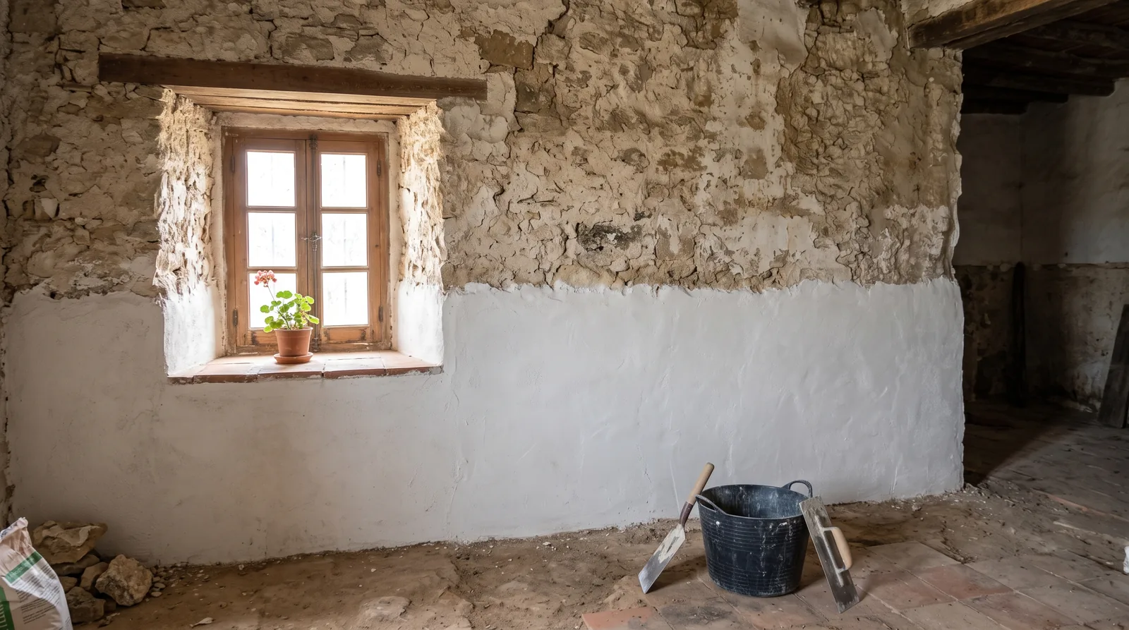 Muro de piedra de casa de pueblo en rehabilitación con mortero de cal (imagen ilustrativa)